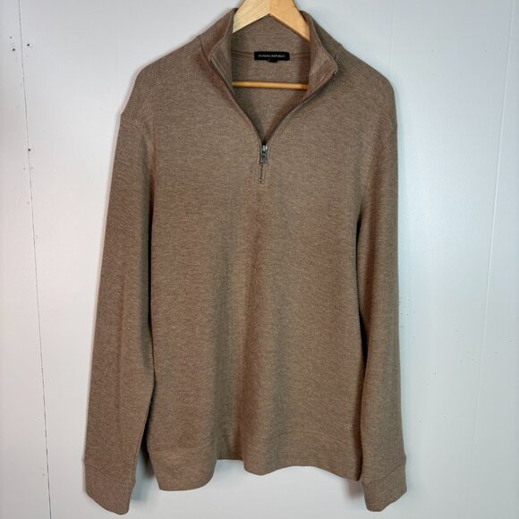 Banana Republic Sweater Medium 1/4-Zip Tan Waffle Knit Cotton Blend Pullover Men - Picture 1 of 11